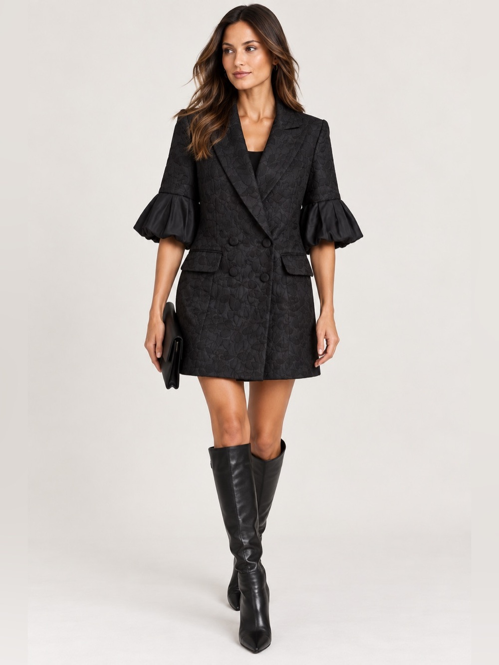 BCBGMAXAZRIA Black Jacquard Blazer Dress Statement Sleeve Size S